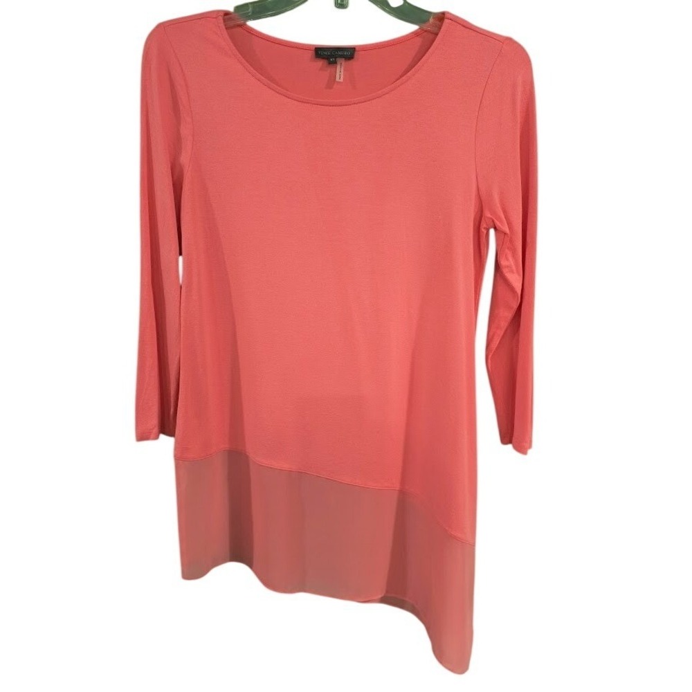 Vince Camuto Womens XS Coral Pink Asymmetrical‎ Chiffon Hem 3/4 Sleeve Tunic Top